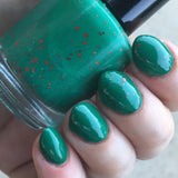 We Dance Until We Fall Nail Polish - teal crelly with scattered red glitter - Fanchromatic Nails