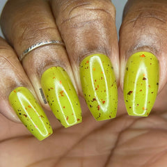Tree Trunks Nail Polish - chartreuse green with red/copper chameleon flakies